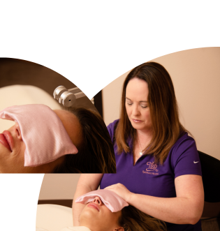 Woman doing spa treatment on another woman with warm towel on head