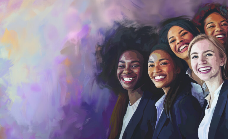 Happy International Women's day illustration, group of happy diverse women in suits of different races