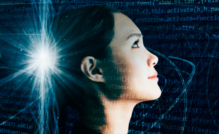 Woman looking up with coding in background