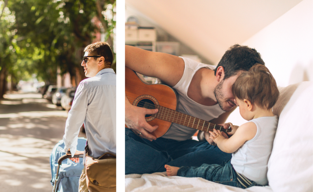 Dads taking a walk with stroller and dad playing guitar with son