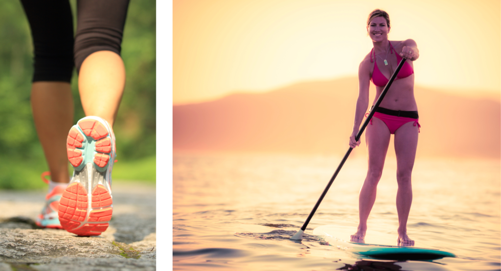 Woman exercising by running and paddleboarding