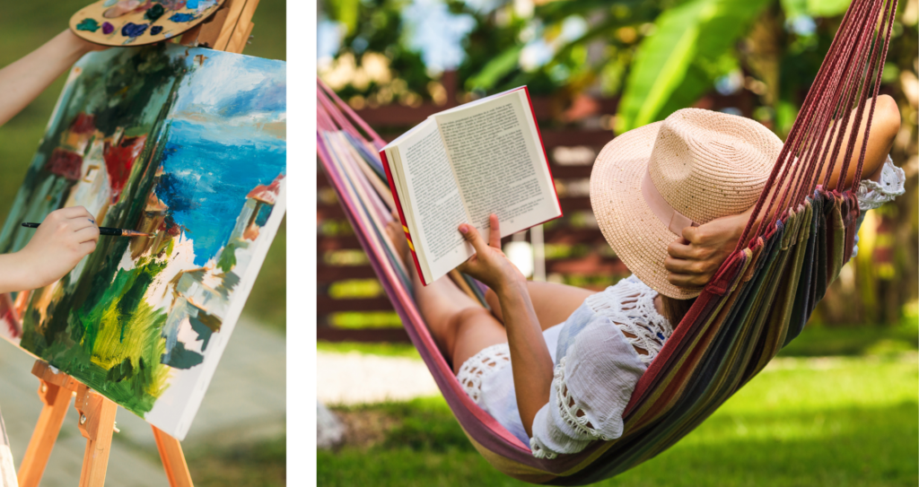 Woman relaxing in hammock and woman painting