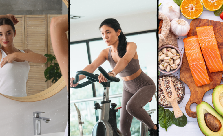 woman giving self breast exam, woman riding exercise bike, omega 3 rich foods