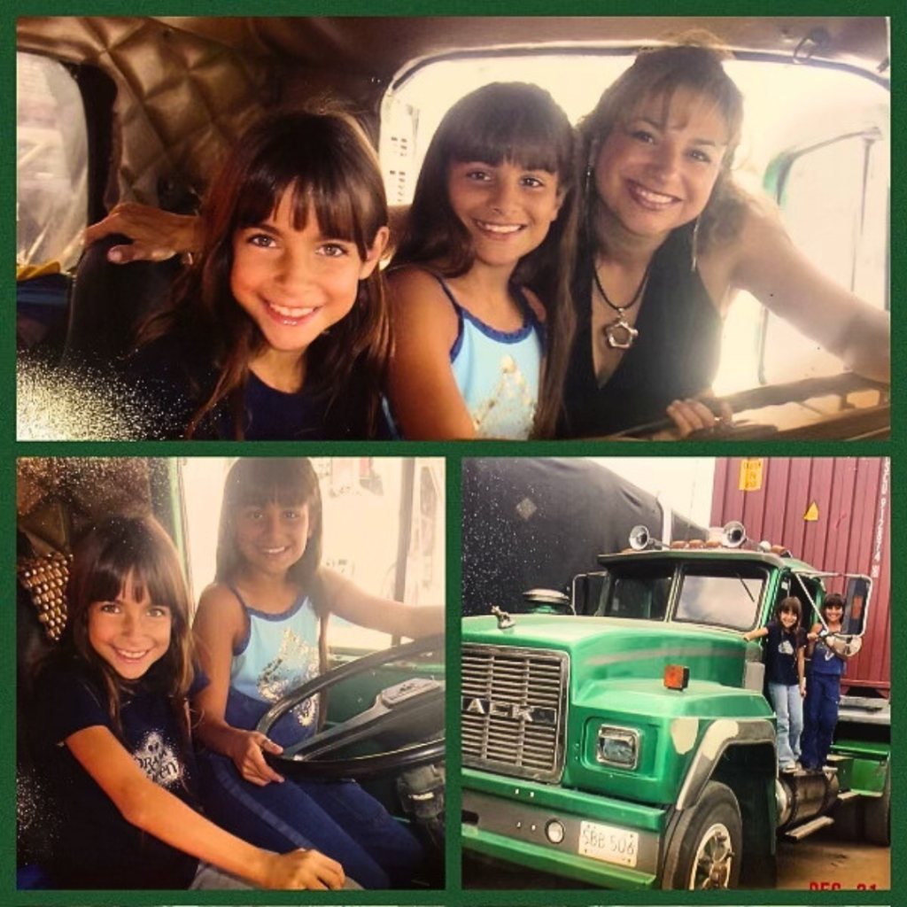 photo collage of three photos - woman with 2 girls, two young girls sitting in front of wheel of truck, woman standing in big wheeler with door open smiling