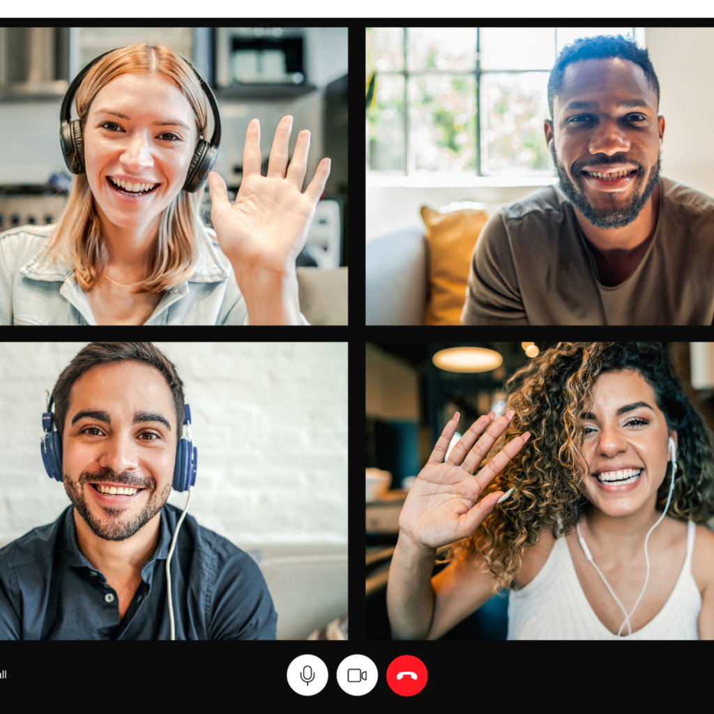 four faces on zoom smiling and waving