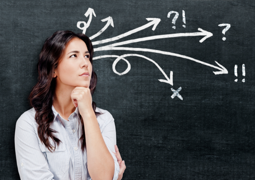 Woman thinking with arrows pointing to different directions