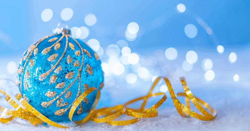 blue Christmas bulb with gold ribbon
