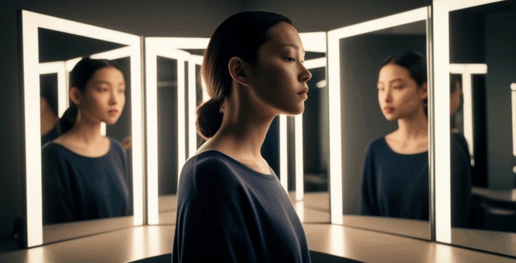 Woman looking at herself in mirrors