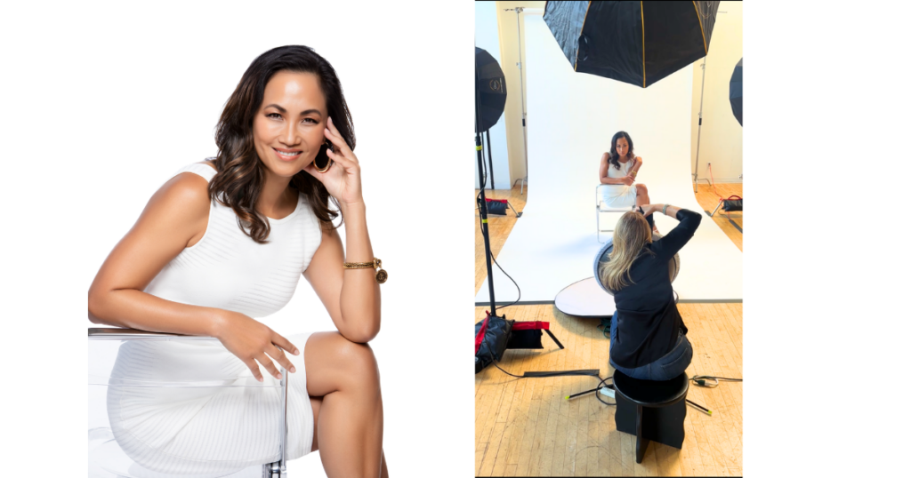 Joy Standing in white dress and Starla photographing