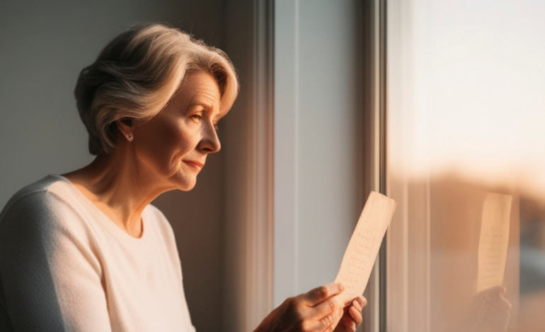 Older woman reading note by a window
