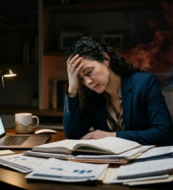 Women with hand on head sitting at desk
