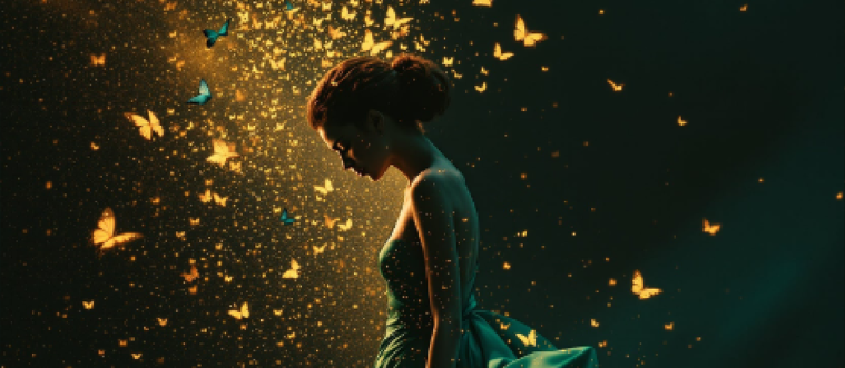 woman in green dress with yellow butterflies